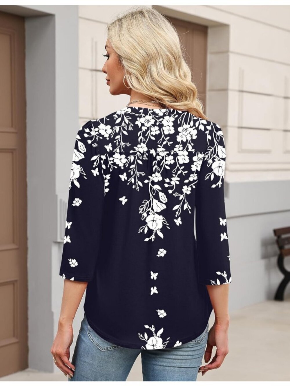 Women's Navy White Long Sleeve Casual Henley V-Neck Floral T-Shirts Loose Fit - Picture 5 of 5